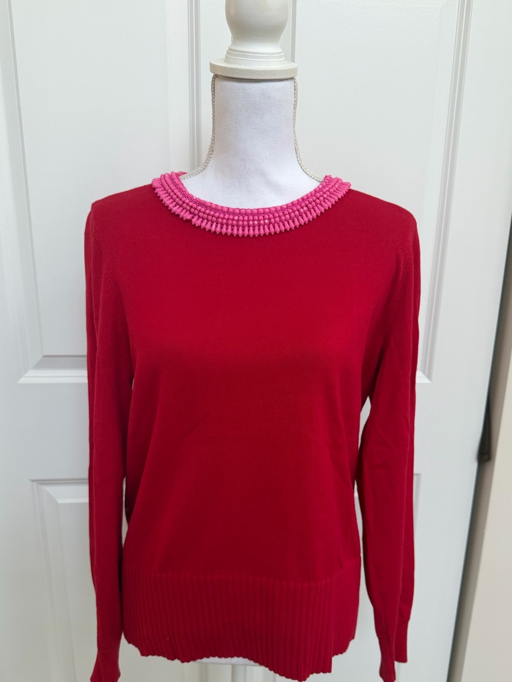Talbots - Women’s Red Sweater with Pink Beaded Collar (medium)